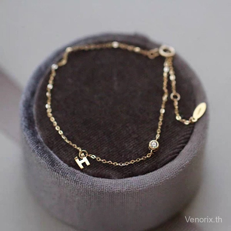 Venorix เงินแท้925 เคลือบทอง14K กำไลตัวอักษรHเพชรเล็ก ดีไซน์เรียบหรู ใส่ได้ทุกวัน เหมาะเป็นของขวัญ