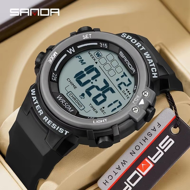 Sanda 2140 หรูหรานาฬิกาสปอร์ตสําหรับผู้ชายกันน้ําทหารจอแสดงผล LED นาฬิกาปลุกกันกระแทกดิจิตอล Man นาฬิกาข้อมือ Reloj Hombre