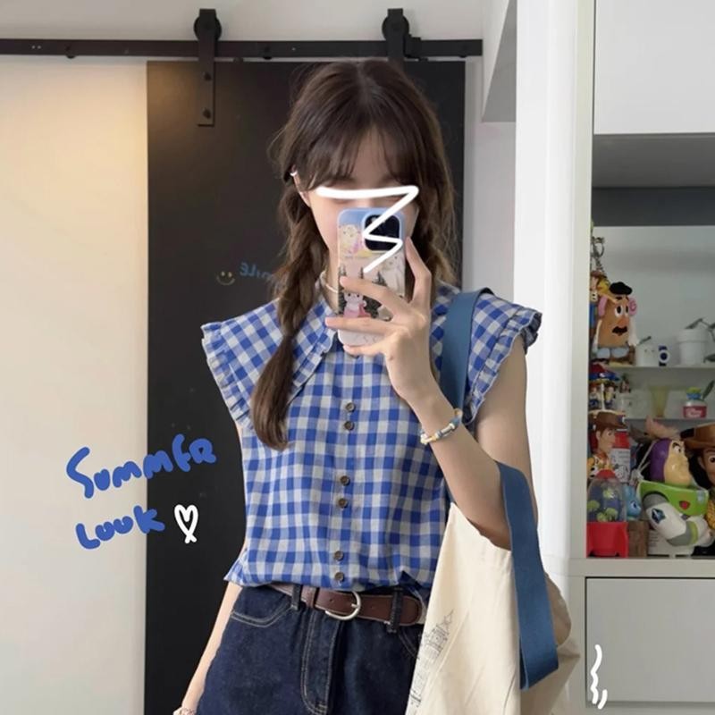 🧡LINNA🧡จัดส่งภายใน 24 ชั่วโมง🚀เวอร์ชั่นเกาหลี สไตล์ใหม่ ตาหมากรุก แขนสั้น เสื้อเชิ้ต หวาน น่ารัก