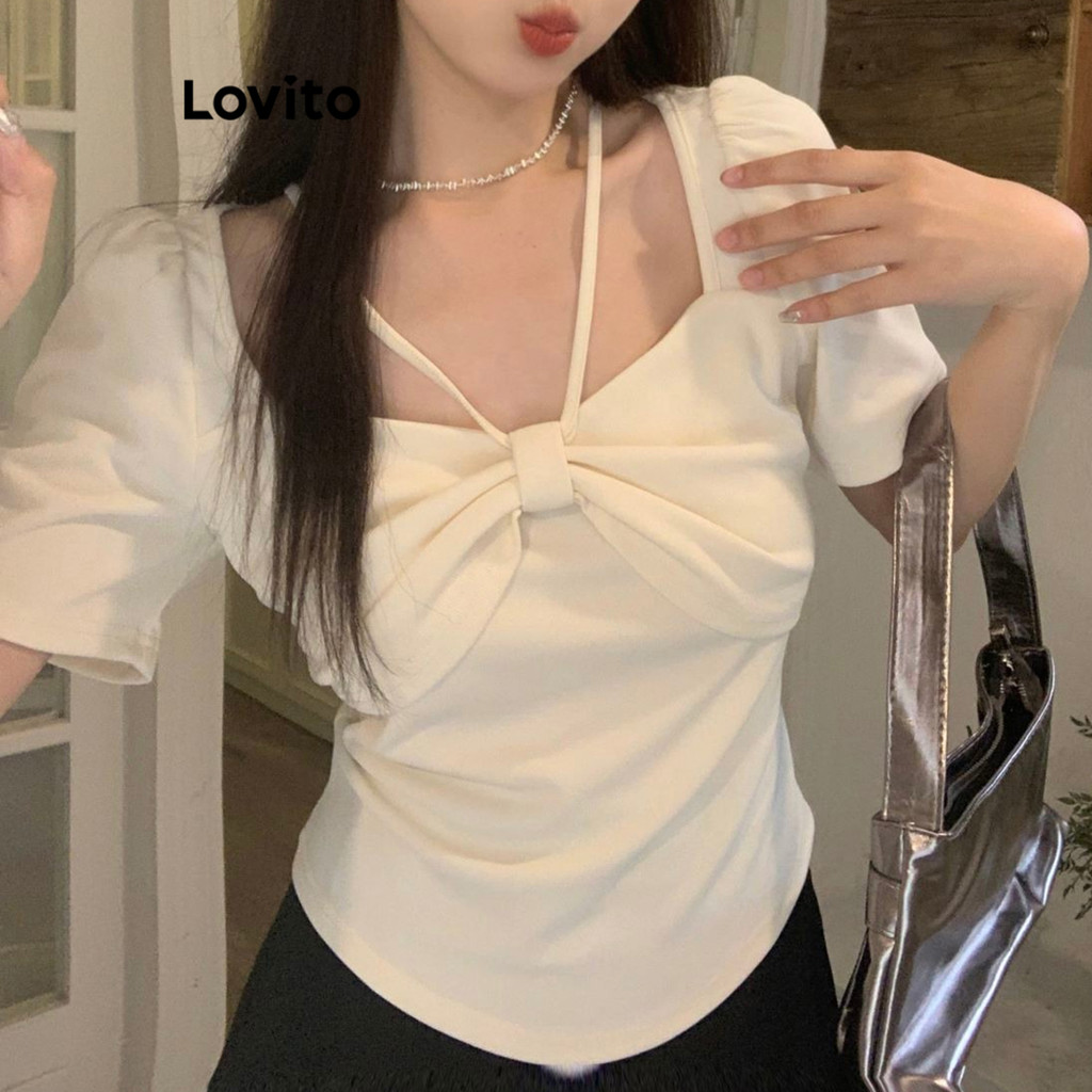 Lovito เสื้อยืดผู้หญิง แต่งโบว์ ผูกเชือก สีพื้น สไตล์ลำลอง LNE67405