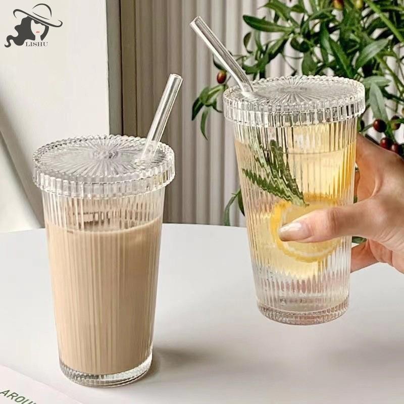 Lishu 380ml Simple Stripe ถ้วยแก้วพร้อมฝาปิดช้อนถ้วยชาโปร่งใสน้ําผลไม้แก้วเบียร์นม Mocha ถ้วยอาหารเช้าแก้วกาแฟ th