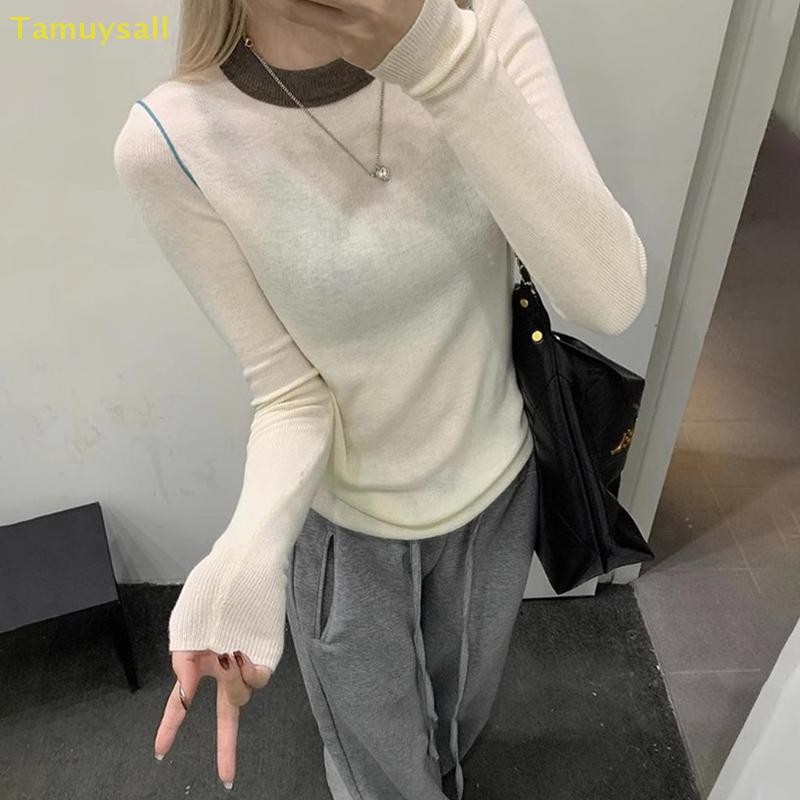 [TAMU] แฟชั่นสตรี Retro Contrast Color Round Neck Long Sleeve Slim ถักเสื้อกันหนาว YSA