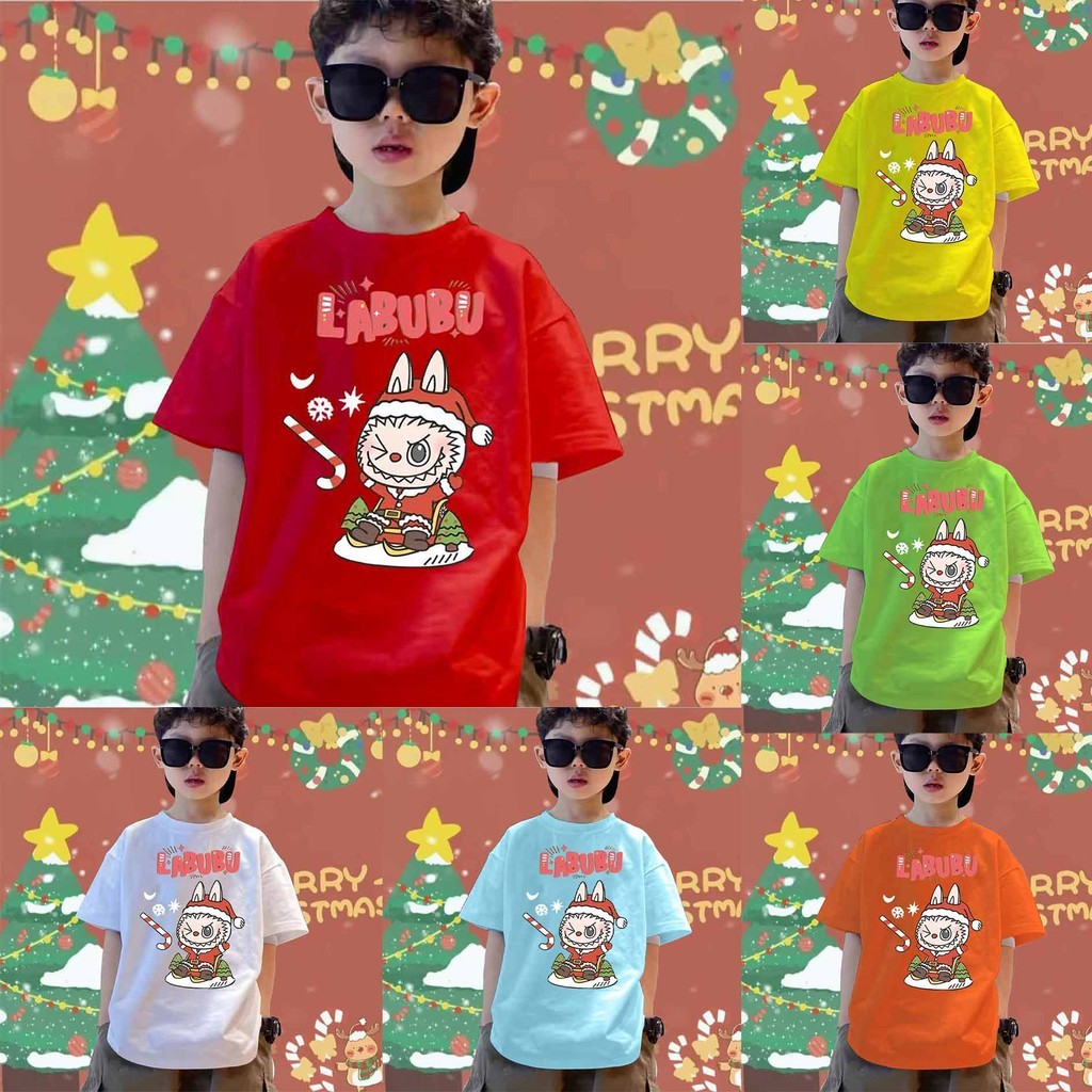 (จัดส่งตลอด 24 ชั่วโมง) Christmas Labubu Children's T-shirt คริสต์มาส เด็กน่ารักพิมพ์เสื้อยืด ผ้าฝ้ายแท้ สวมใส่สบาย