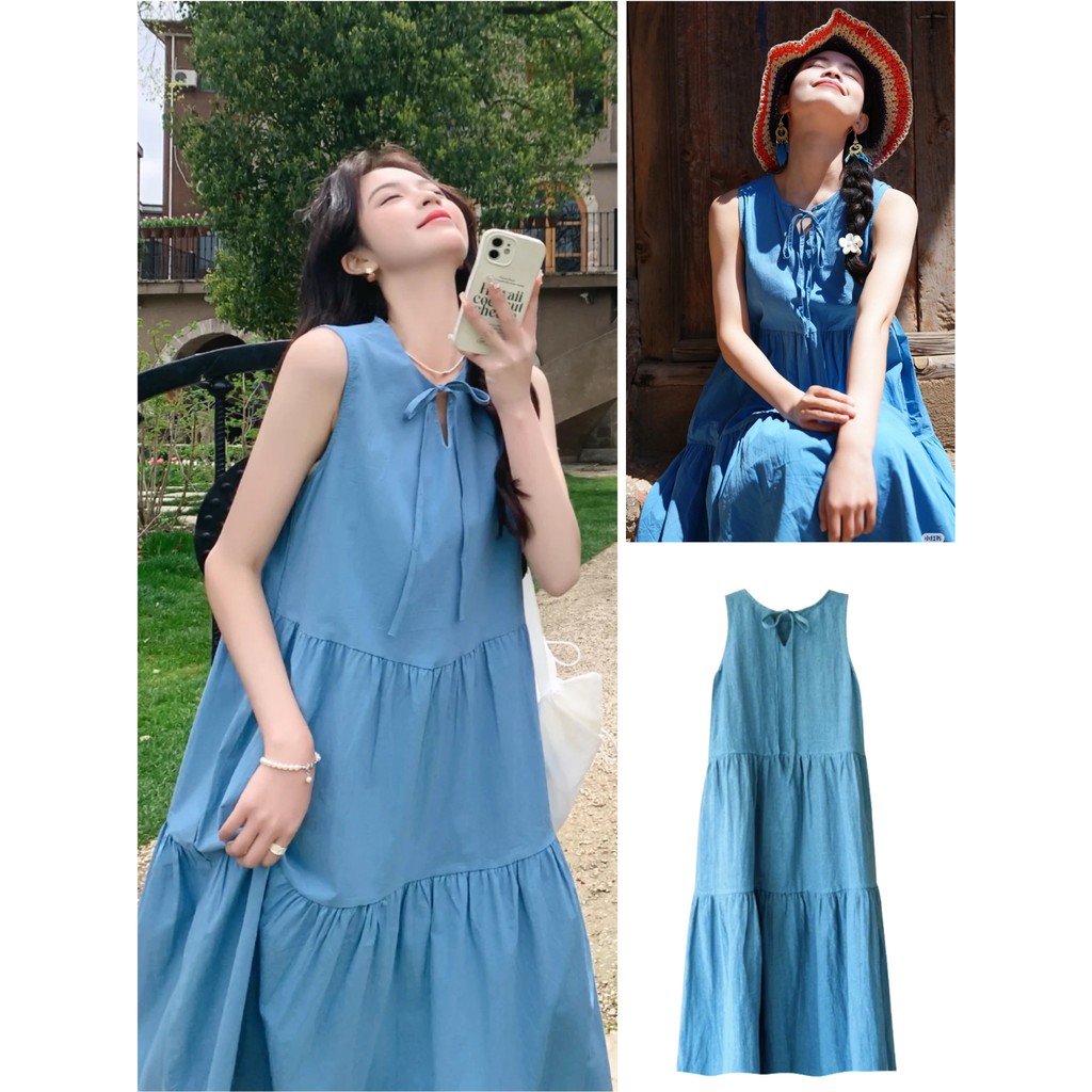 พร้อมส่ง🚚ชุดเดรสยาว ชุดเที่ยวทะเล เดรสคอกลม เดรสแขนกุด เนื้อผ้าใส่สบาย เดรสทรงหลวม