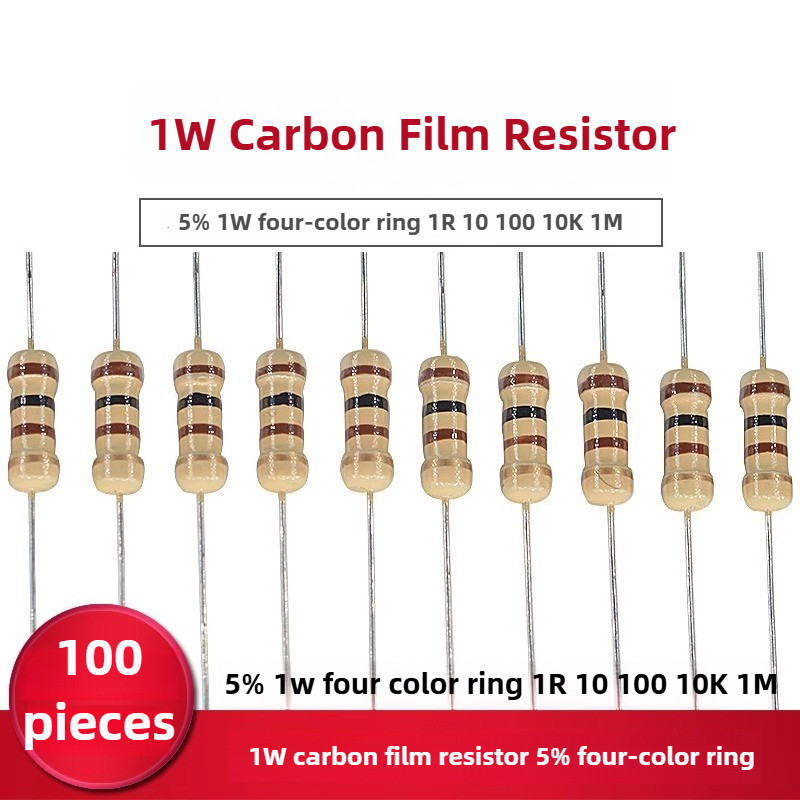 100 ชิ้นตัวต้านทานฟิล์มคาร์บอน 1 วัตต์ 5% 1R-1M 1R 10R 22R 47R 51R 100R 1K 2K 4.7K 10K 22K 47K 100K 