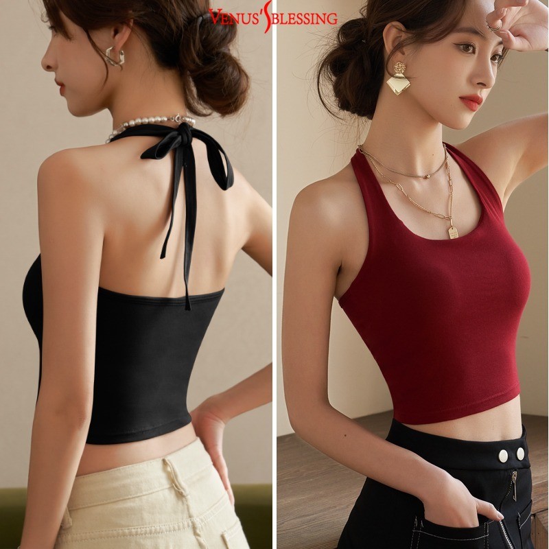 ส-เอ็กแอล วินเทจผ้าฝ้าย 95% เสื้อคล้องคอผู้หญิงมีแผ่นรองหน้าอก เสื้อครอปหลังสวยสีแดง เสื้อปาดไหล่
