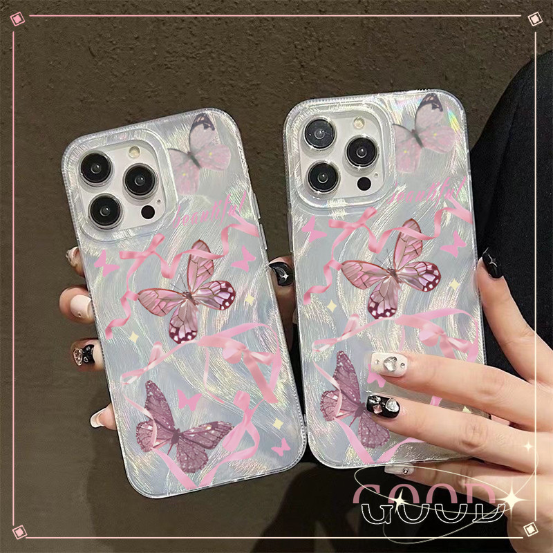 GOOD จากประเทศไทย เคส ไอโฟน ขนนกสีเงิน อ่อนนุ่ม TPU สำหรับ iPhone11 16 15 12 14 13 Pro Max 14PLUS/15PLUS ผีเสื้อสีชมพู