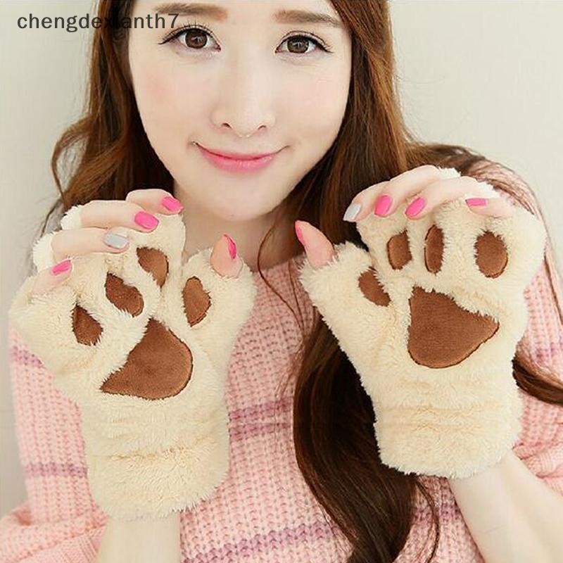 [chengdexianthh] การ์ตูนน่ารักแมว Claw ถุงมือผู้หญิง Plush Mittens Warm Soft Plush สั้น Fingerless Fluffy ถุงมือฤดูหนาวถุงมือครึ่งนิ้ว [TH]