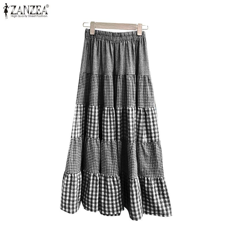 Zanzea ผู้หญิงเกาหลี Casual Check A-Line หลวมจีบไม่มีกระโปรงกระเป๋า