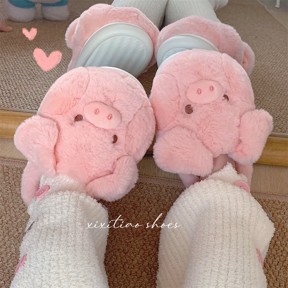 Xitiao ฤดูหนาว Warm นุ่มหนา Soled Furry รองเท้ารองเท้า 2024 สไตล์ใหม่สุภาพสตรีน่ารักสีชมพูลูกหมูรองเท้าแตะผ้าฝ้าย ins