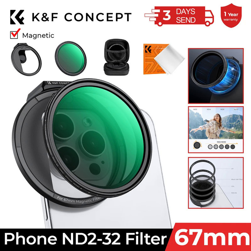 K&F Concept 67mm Variable Phone ND2-32 Filter Clip-On Magnetic VND Filter (1-5 Stop) For Iphone Huaw