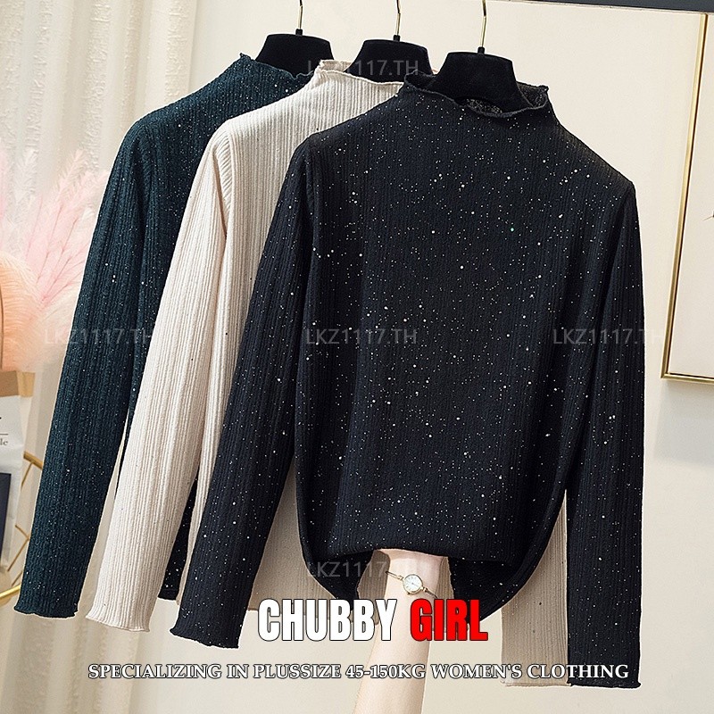 Plus size เสื้อยืดสาวอวบ ไซส์ใหญ่ ผู้หญิง ทรงหลวม แขนยาว คอเต่า ฤดูใบไม้ผลิ สไตล์เกาหลีแฟชั่น