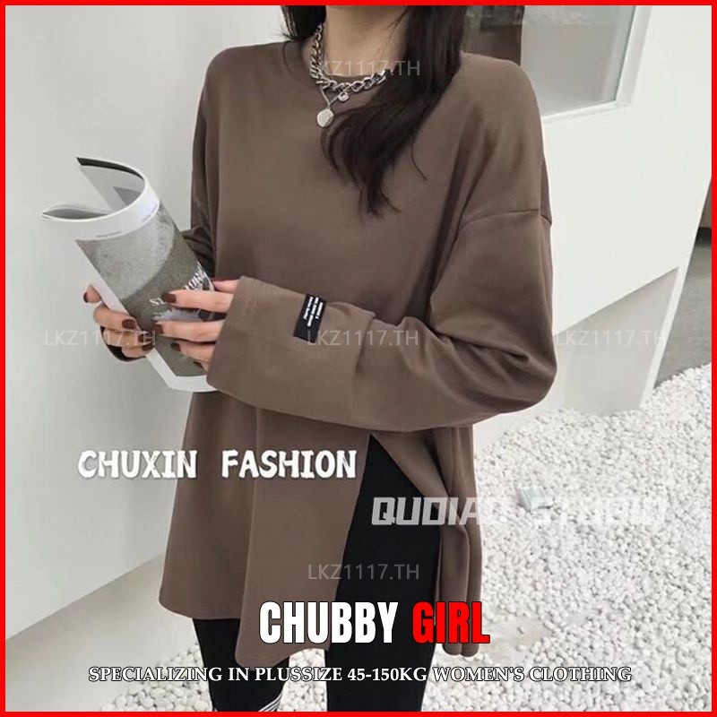 Chubby GirL เสื้อยืดสาวอวบ ไซส์ใหญ่เสื้อยืดแขนยาวผู้หญิงทรงหลวม oversized คอกลมแหวกข้างฤดูใบไม้ผลิแฟชั่นสไตล์เกาหลี