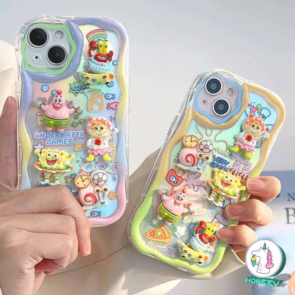 น่ารักการ์ตูน 3D Spongebob ตุ๊กตา Wave Border เลเซอร์การ์ดเคสโทรศัพท์สําหรับ IPhone 11 15 16 Pro Max 16plus 12 14 13 Promax เลนส์ป้องกันกันกระแทกโทรศัพท์ปกหลัง