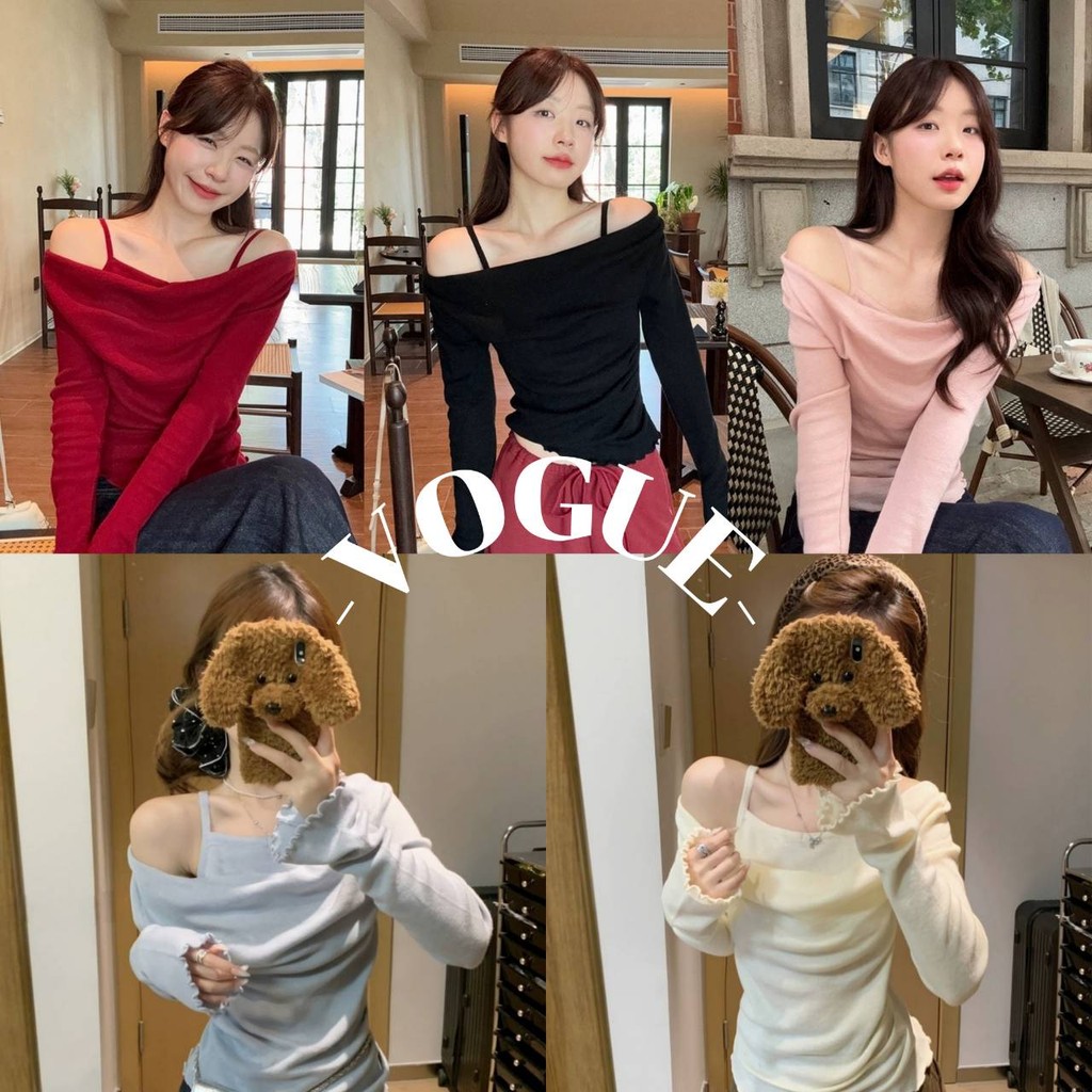 Vogue พร้อมส่ง เสื้อเปิดไหล่ไหมพรม แขนยาว สีพาสเทล ใส่ง่ายสบาย (Z-CD15)