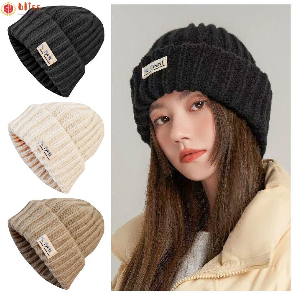 Blliss Beanies, หมวกอุ่นสีทึบกันลม, หมวกถักนิตติ้งแฟชั่นสตรี