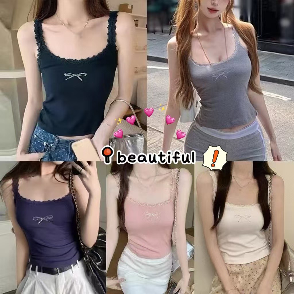 Q-138 🎀เสื้อสายเดี่ยว   พร้อมส่ง🎀เสื้อสายเดี่ยว ติดเพชรรูปโบว์ น่ารักมากก มีฟองน้ำ Bangkok Shipment