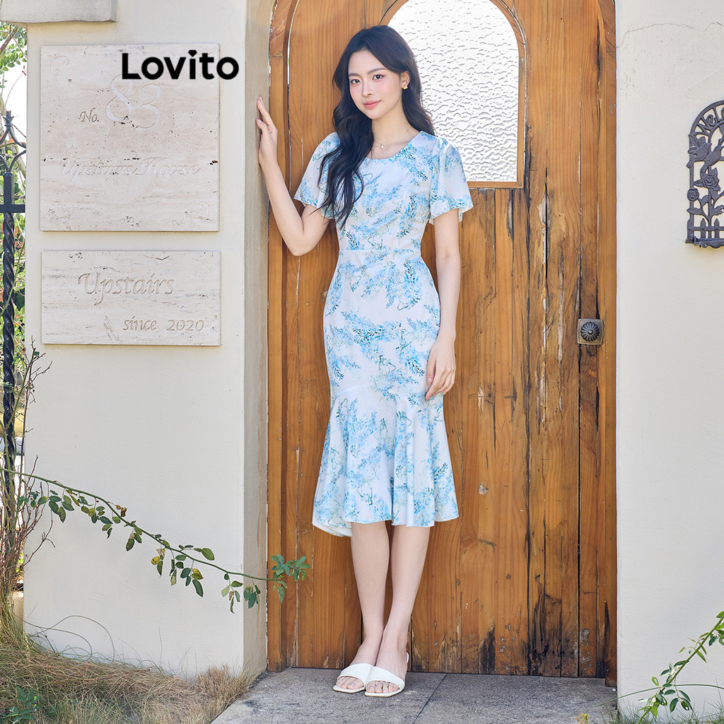 Lovito ชุดเดรสชายระบายลายดอกไม้เล็ก ๆ หรูหราสำหรับผู้หญิง L108ED380