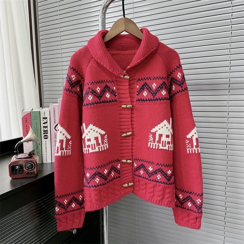 R257 Homey สเวตเตอร์ไหมพรมคอปกดีเทลกระดุมไม้ ทอลายรูปบ้านด้านหน้าและหลัง