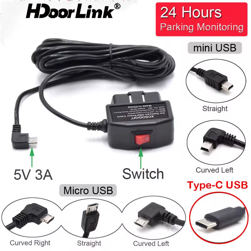 Hdoorlink เอาต์พุต 5V 3A Mini USB พอร์ตรถ OBD บุหรี่อะแดปเตอร์ไฟแช็กกล่อง 3.5M สายสวิทช์สําหรับ DVR ชาร์จ