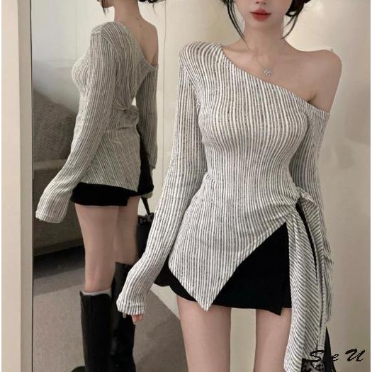 เสื้อยืดผู้หญิงฤดูใบไม้ผลิ Slim เสื้อแขนยาวคอเฉือนหนึ่งไหล่ไม่สม่ําเสมอแยก Hem เสื้อยืด