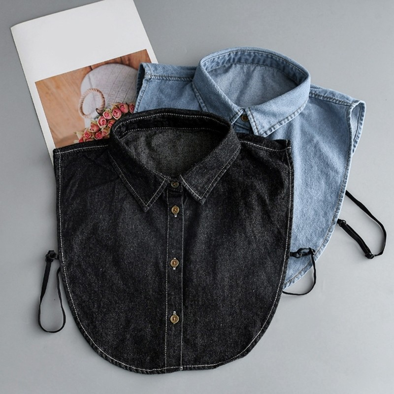 Alia ผู้หญิง Vintage ล้าง Denim Faux Collar ฤดูใบไม้ร่วงฤดูหนาวที่ถอดออกได้ Dickey เสื้อปุ่มลง Basic Layering ปกครึ่ง