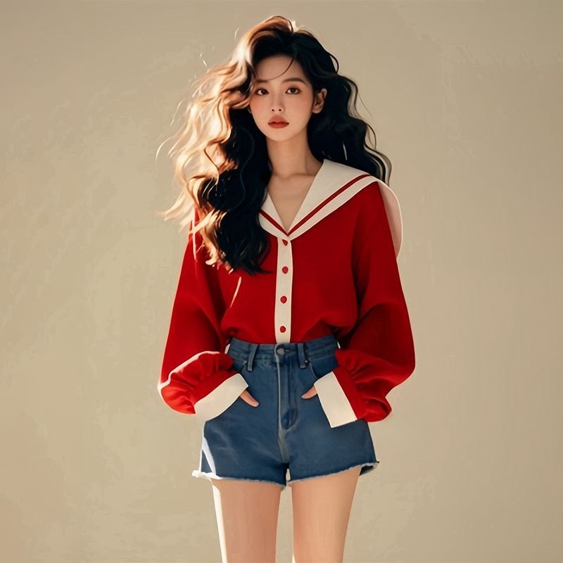 สีแดงกองทัพเรือปกเสื้อแขนยาวผู้หญิง 2024 สไตล์ใหม่ต้นฤดูใบไม้ร่วงสวมใส่ระดับไฮเอนด์เกาหลีที่ไม่ซ้ํากัน สุด ๆ สวย สูงสุด ใหม่ 1116