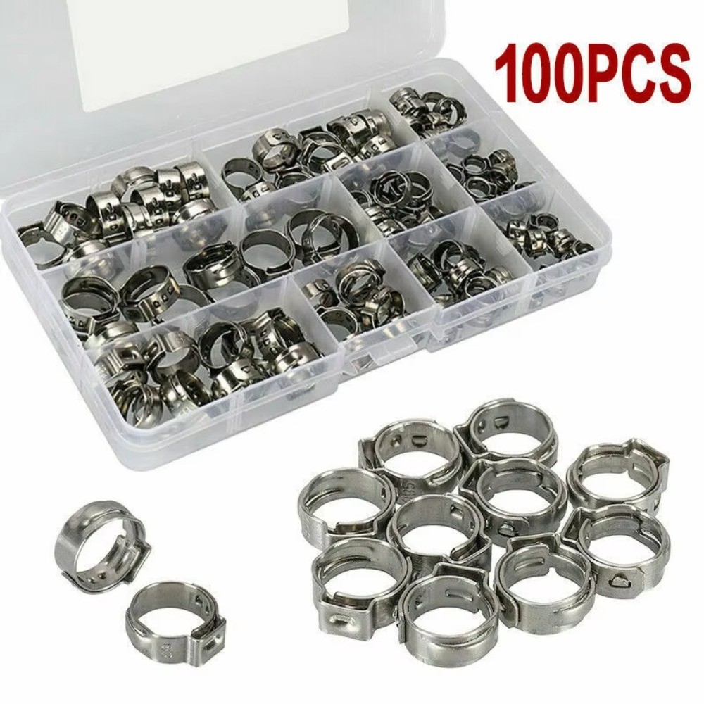 Urlwall 100PCS 304 สแตนเลสสตีลแหวนท่อ Clamps หูเดียวคลิปท่อ Clamp Assortment ชุด 5.3 มม.-15.3 มม.Clamps สําหรับหลอดคลิปน้ํา
