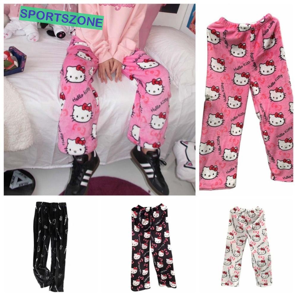 Sportszone Kitty Cat Pajama กางเกง,ขนแกะปะการังการ์ตูนขนแกะกางเกง,Thickenฤดูหนาวเสื้อผ้าอะนิเมะกางเกงผ้ายืดหยุ่นชุดนอน