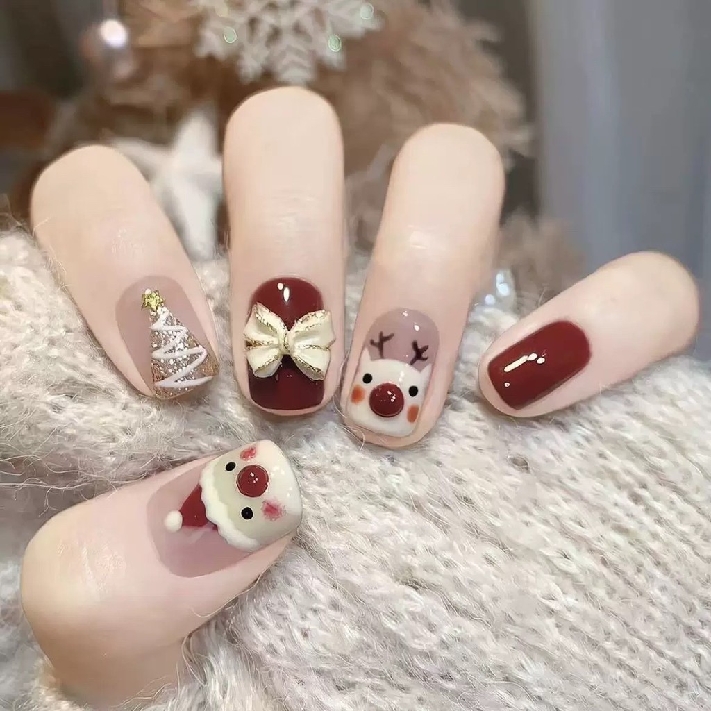 [5in1 Toolkit handmade] Deer Bells ringing New Style HAND-Painted Christmas SHORT trapezoid fake nails with glue Phototherapy nails Press ON nails reusable Waterproof