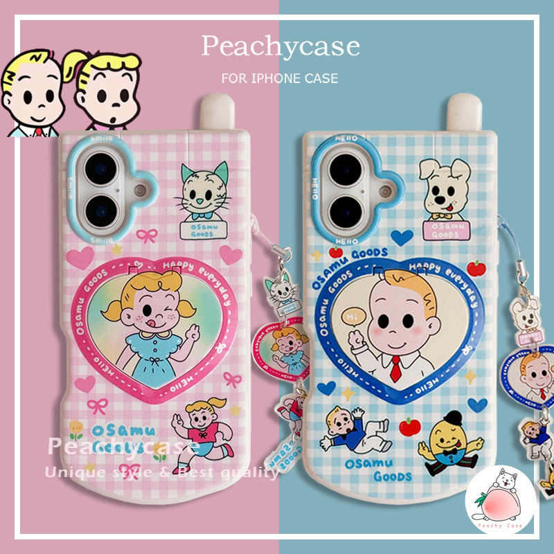 อะนิเมะ Harata Osamu Boy Gir Flip Love Heart กระจกแต่งหน้า Kickstand Checkered เคสโทรศัพท์สําหรับ iPhone 16 15 14 13 12 Pro Max 11 พร้อมโซ่ Shock Proof TPU ปลอกมือถือ