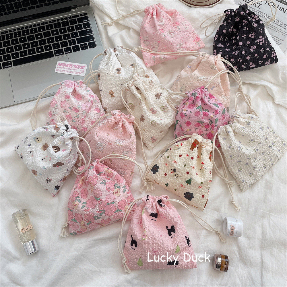 🔥พร้อมส่ง🔥 ถุงหูรูดลายตาราง ถุงหูรูดลายหมี น่ารัก  มีให้เลืกหลายสี กระเป๋าผ้าหูรูด