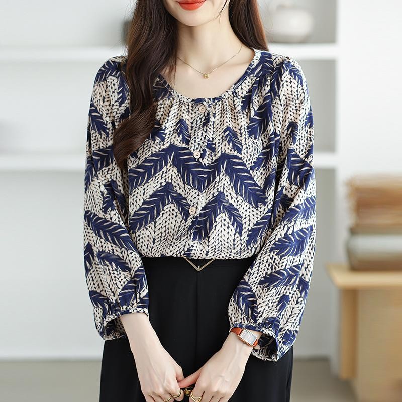 เสื้อชีฟองแขนพัฟสตรีสไตล์วินเทจหรูหราลายคลาสสิกสวมใส่สบายทรงหลวมเหมาะกับออกนอกบ้านทุกวันหรือสํานักงาน