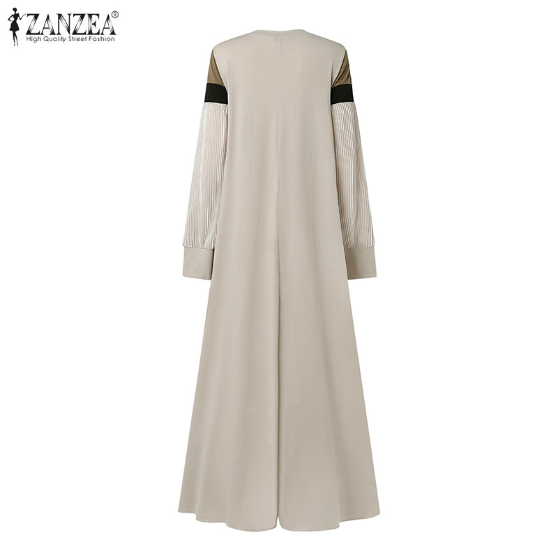 Zanzea ผู้หญิงมุสลิมแขนยาว Contrast สี Pleating Slit กระเป๋าชุดแฟชั่น