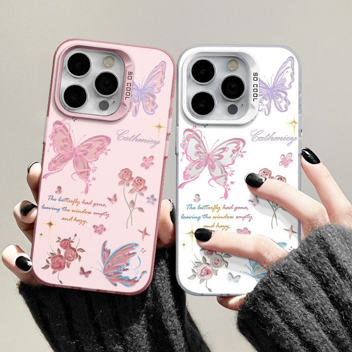 COD ใช้บังคับ Samsung A12 A03S A13 A23 A14 A15 A05 A53 A34 เคสโทรศัพท์มือถือชุบโลหะแบบนิ่มลายการ์ตูนผีเสื้อสีชมพู