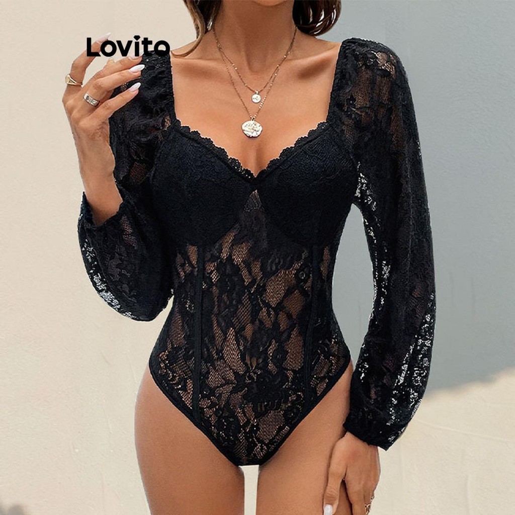 Lovito บอดี้สูทลูกไม้ธรรมดาหรูหราสำหรับผู้หญิง LNL74473