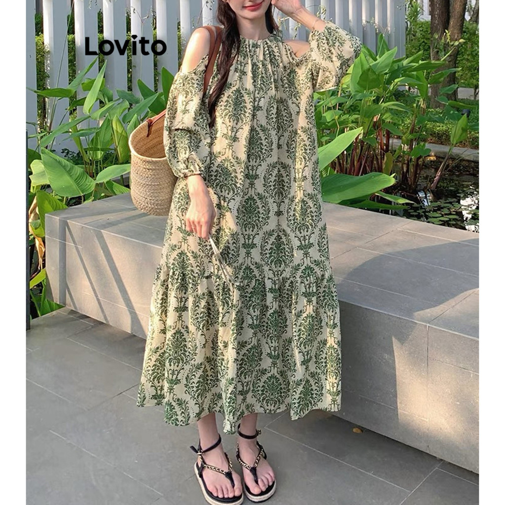 Lovito ชุดเดรสผู้หญิง ชายระบาย แต่งคัทเอาท์ พิมพ์ลายดอกไม้ สไตล์หรูหรา LNE63183