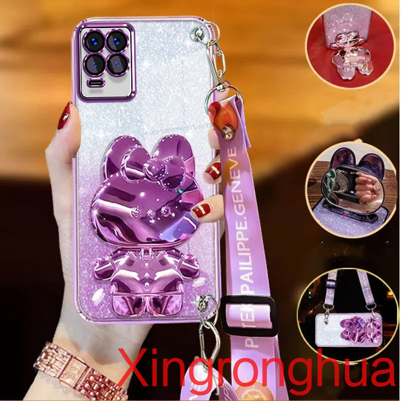 เคสโทรศัพท์สําหรับrealme 8 4G Realme 8 5G Realme 8 ProหรูหราElectroplatingโปร่งใสGlitter 3Dกระต่ายวงเล็บกระจกเครื่องสําอางเคสโทรศัพท์พร้อมCrossbody Lanyard
