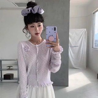 👚Anna👚 เสื้อคาร์ดิแกนถักแขนยาว พร้อมเข็มกลัดดอกไม้แบบถอดได้ ผลิตจากผ้าถักไหมน้ำแข็ง บางเบาสไตล์ฤดูร้อน #F094