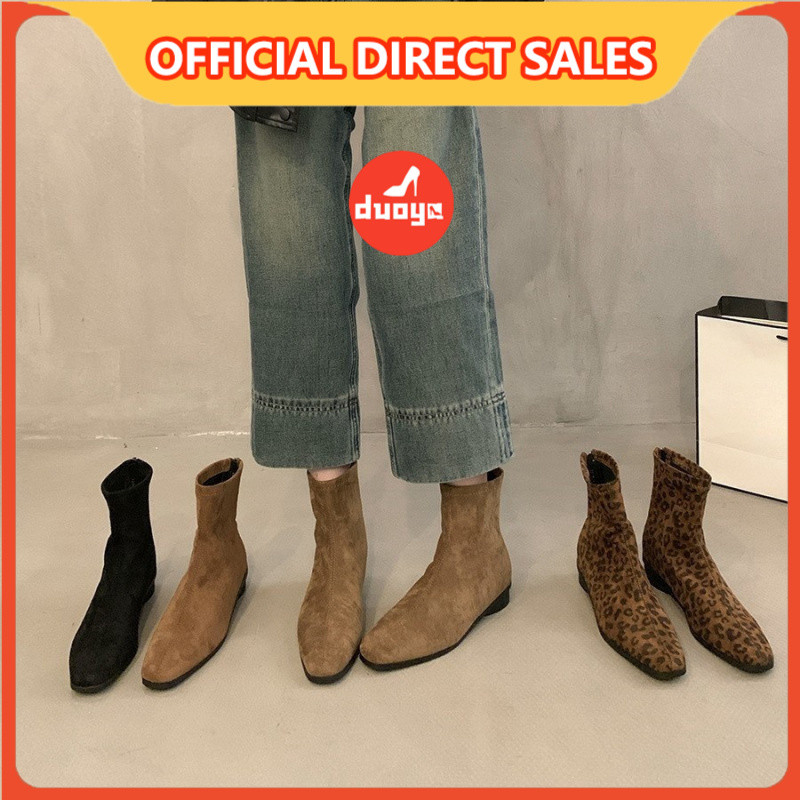 ผมตรงจากโรงงาน duoya ~ [พร้อมสต็อก] รองเท้ามาร์ตินสไตล์ตะวันตกพิมพ์ลายเสือดาวรองเท้าผู้หญิง2024ฤดูใบไม้ผลิและฤดูใบไม้ร่วงรองเท้าบูทเดี่ยวส้นหนารองเท้าบางรองเท้าบูทสั้นขนาดเล็กจัดส่งฟรี