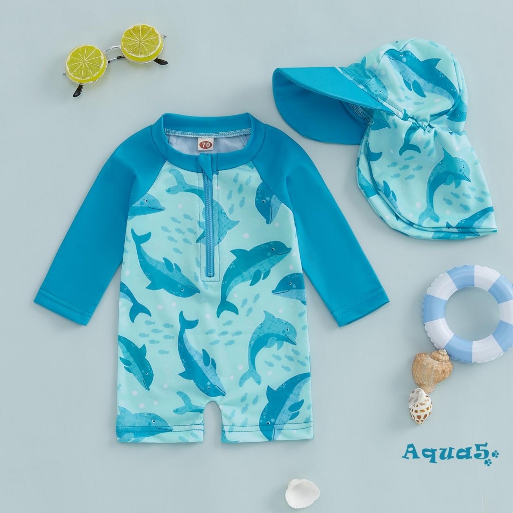 Aqq-toddler ชุดว่ายน้ําแขนยาว Dolphin พิมพ์ครึ่งซิป Non-Pilling Rash Guard ชุดว่ายน้ํา Sunhat ชุด