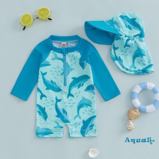 Aqq-toddler ชุดว่ายน้ําแขนยาว Dolphin พิมพ์ครึ่งซิป Non-Pill…