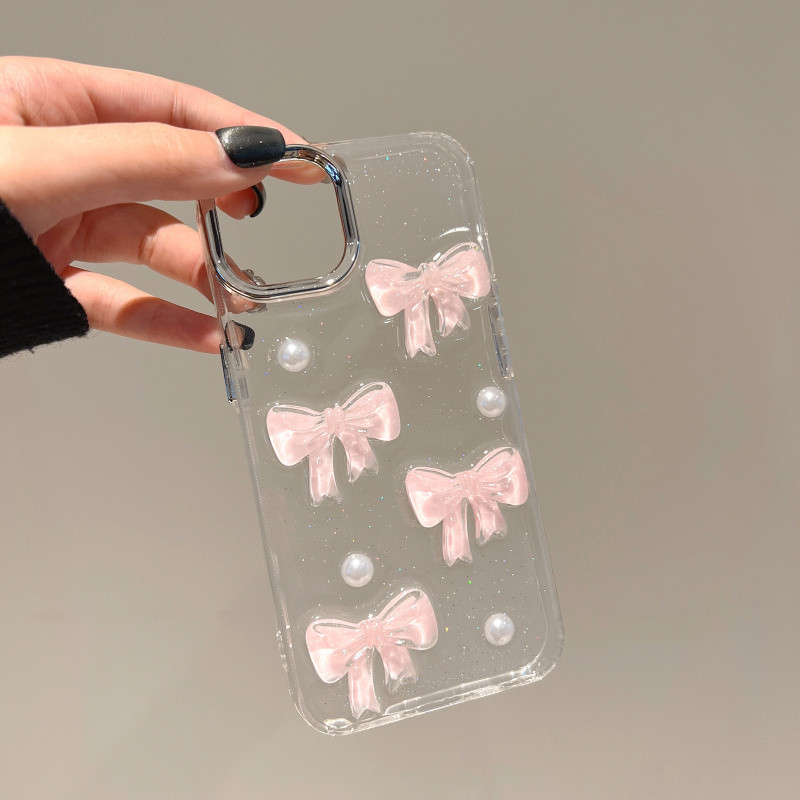 3d ฝังโบว์สีชมพู drop กาวเคสโทรศัพท์สําหรับ iPhone 11 12 13 14 15 16 Pro Max Plus ปลอกโปร่งใส glitter ฝาครอบป้องกันสําหรับ iPhone11 กรณี
