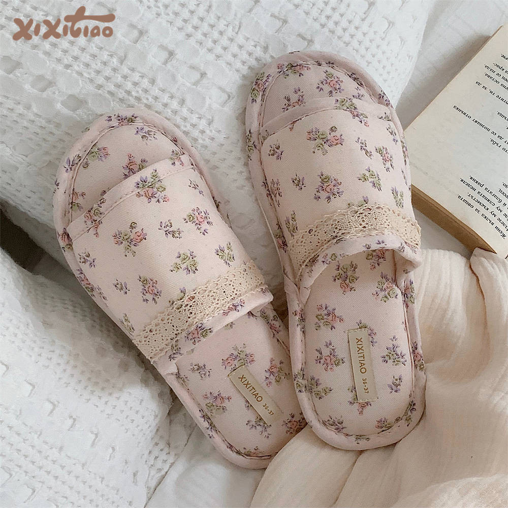 Xixtiao Four Seasons Universal Retro Floral Cotton Linen รองเท้าแตะสุภาพสตรี Sweet Home สบาย