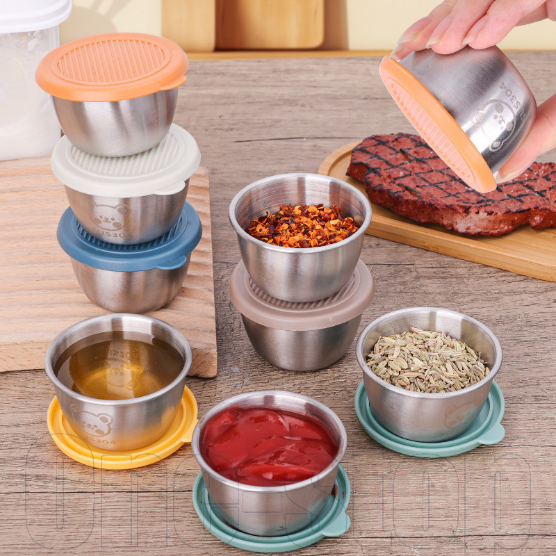ถ้วยซอสขนาดเล็กสแตนเลส-ชามเครื่องเทศ-ป้องกันการรั่วกันฝุ่น-ภาชนะใส่สลัด-บนโต๊ะอาหารในครัว-พร้อมฝาปิดผนึก-กล่องปรุงรส-จานน้ําจิ้มอาห