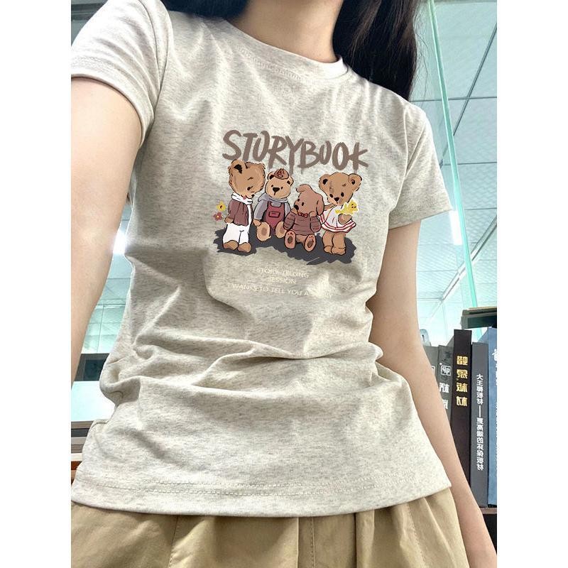 เสื้อยืดผู้หญิงคอตตอนพิมพ์ลายเต็มไหล่ แขนสั้น คอกลม ทรงเข้ารูป ฤดูร้อน