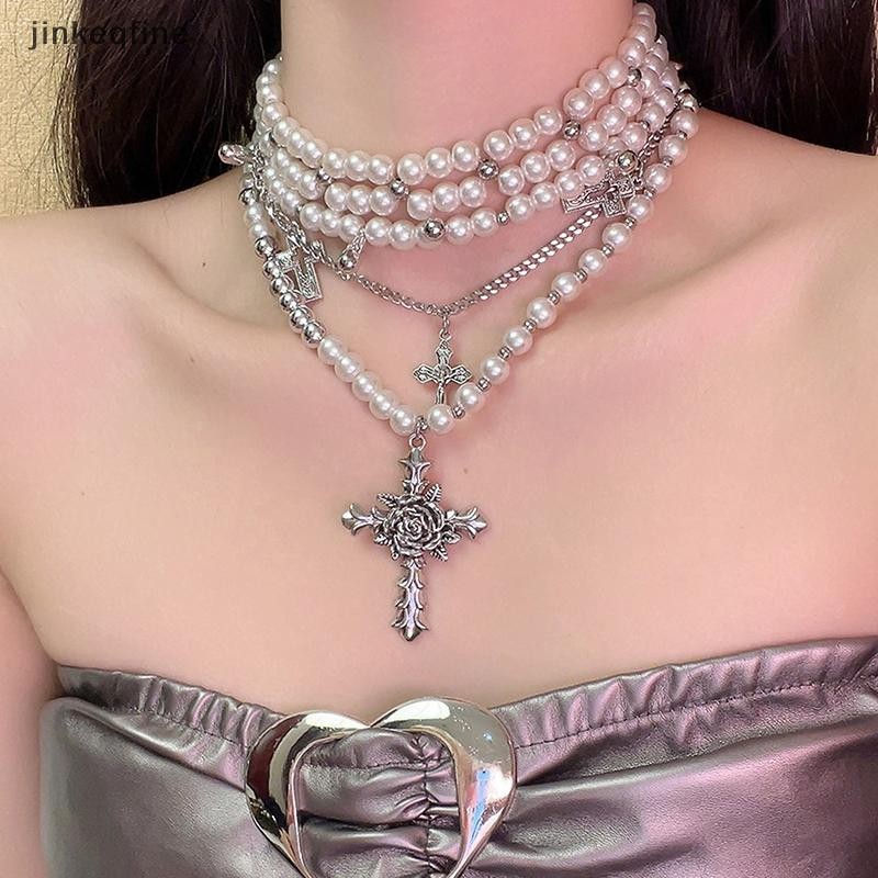 KTH แฟชั่นส่วนบุคคล Multi-Layered Pearl Cross จี้สร้อยคอ Clavicle Chain สําหรับผู้หญิงอารมณ์เครื่องประดับอุปกรณ์เสริมของขวัญร้อน
