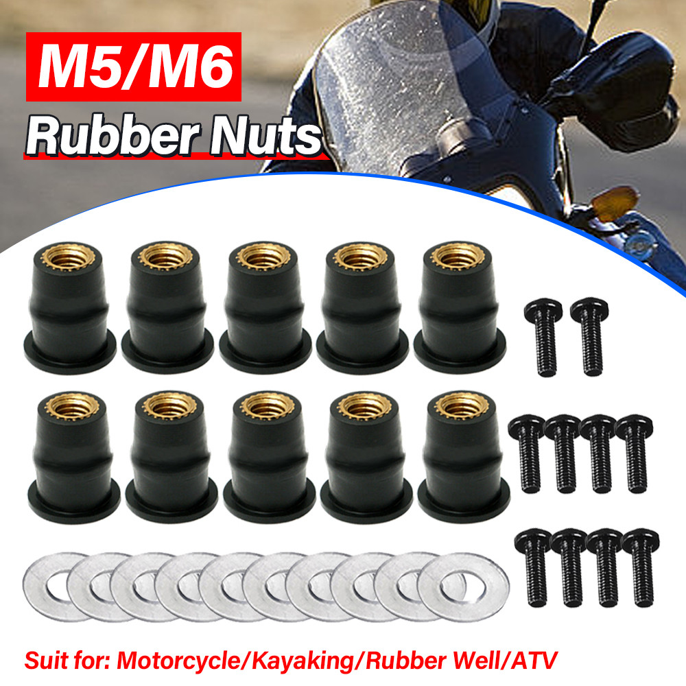 10/30PCS M5 M6 รถจักรยานยนต์กระจกสลักเกลียวสกรูเมตริกยาง Well Nut Fastener สําหรับ Honda Suzuki Yamaha Kawasaki