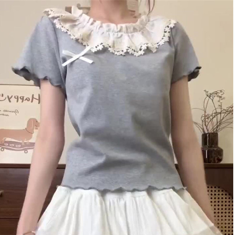 เสื้อยืดคอปกลูกไม้ผ้าฝ้ายแท้ผู้หญิงเชื้อราขอบโบว์แขนสั้นตรวจสอบกํามะหยี่มิงค์สไตล์ N6NU AT5A