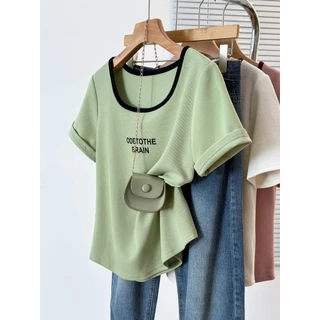 Oversize Tops(40-125kg) ผู้หญิง Plus ขนาดแขนสั้น U คอเสื้อยืดพิมพ์แฟชั่นหลวมเสื้อยืด